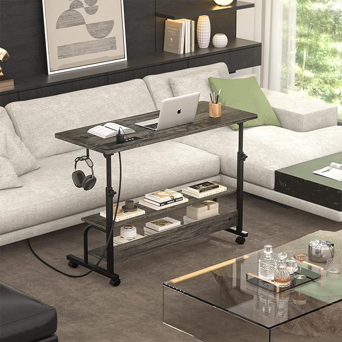 Height Adjustable Standing Desk with Power Outlets, 39" Manual Stand Up Desk with Storage Shelves Small Mobile Rolling Computer Desk Portable Laptop Table with Wheels for Home Office, Grey Oak - LeafyLoom