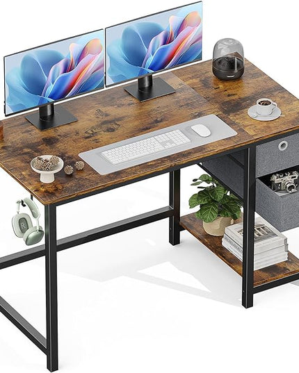 Sweetcrispy Computer Desk with Drawers 48 Inch Office Writing Work Kids Study 2-Tier Wood Corner Table with Storage Drawers Shelf for Bedroom Home Office - Rustic Brown - LeafyLoom