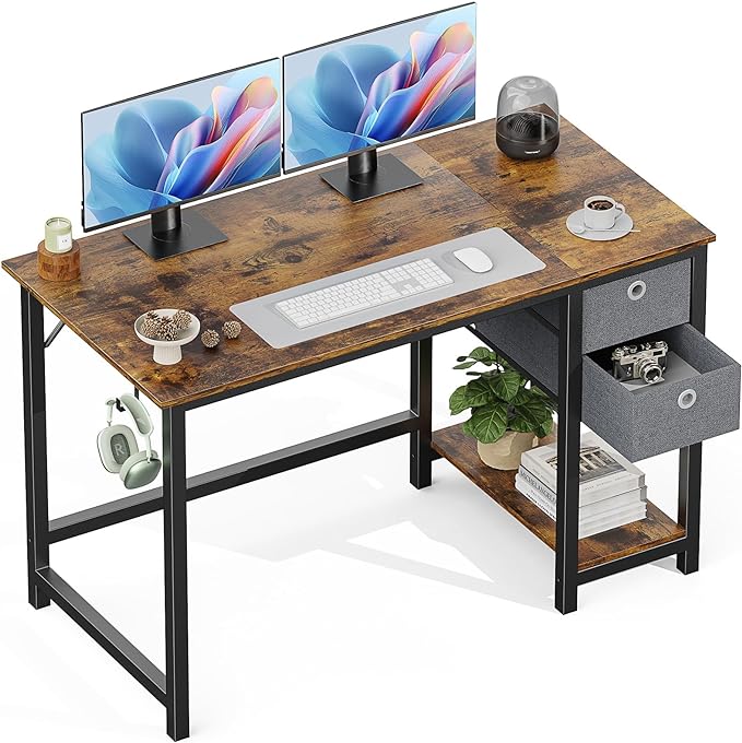 Sweetcrispy Computer Desk with Drawers 48 Inch Office Writing Work Kids Study 2-Tier Wood Corner Table with Storage Drawers Shelf for Bedroom Home Office - Rustic Brown - LeafyLoom