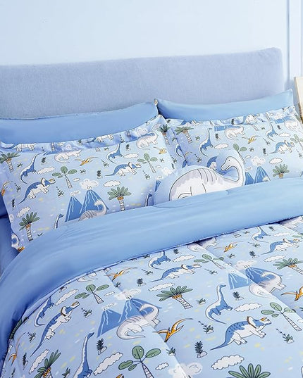 Mooreeke Kids Comforter Bed Set Full Size for Boys, 8 Pieces Bed in a Bag with Shams, Sheet Set and 1 Decorative Toy Throw Pillow, Dinosaur Blue Super Full Soft Microfiber Kids Comforter Bedding Set - LeafyLoom