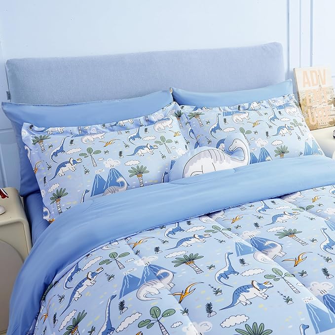 Mooreeke Kids Comforter Bed Set Full Size for Boys, 8 Pieces Bed in a Bag with Shams, Sheet Set and 1 Decorative Toy Throw Pillow, Dinosaur Blue Super Full Soft Microfiber Kids Comforter Bedding Set - LeafyLoom