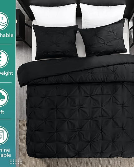 downluxe Pintuck Queen Comforter Set with 2 Pillow Shams - 3-Piece - Black Queen Bed Comforter Set for All Seasons, Pinch Pleat Microfiber Down Alternative Bedding Comforter Sets - LeafyLoom