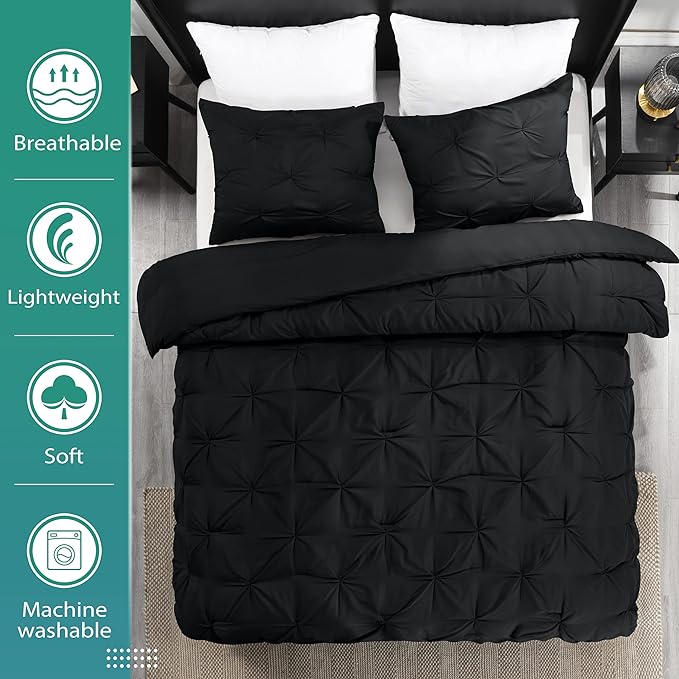 downluxe Pintuck Queen Comforter Set with 2 Pillow Shams - 3-Piece - Black Queen Bed Comforter Set for All Seasons, Pinch Pleat Microfiber Down Alternative Bedding Comforter Sets - LeafyLoom
