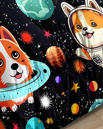 Dog Full Comforter Set for Boys Outer Space Dog Bedding Set Cute Cartoon Dog Astronaut Prints Bedding Kids Comforter Sets 3 Pieces Funny Space Dog Full Size Quilt Set with 2 Pillowcases - LeafyLoom