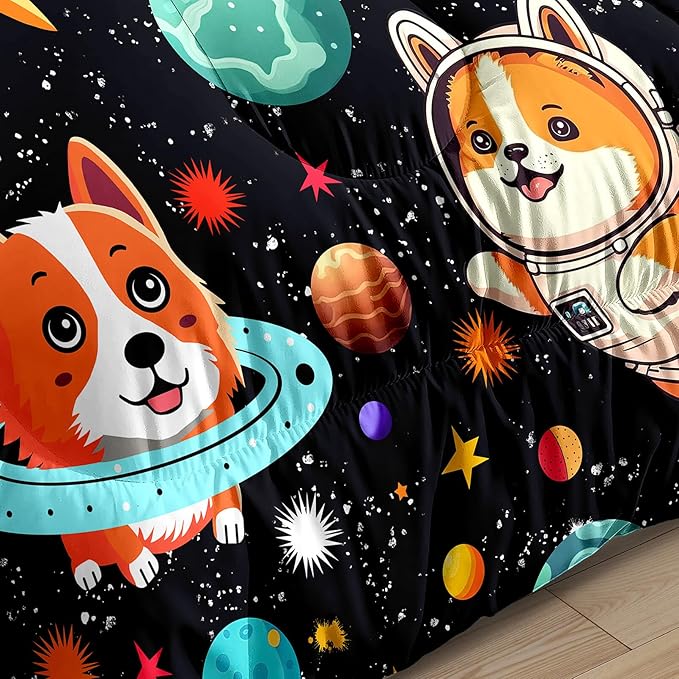Dog Full Comforter Set for Boys Outer Space Dog Bedding Set Cute Cartoon Dog Astronaut Prints Bedding Kids Comforter Sets 3 Pieces Funny Space Dog Full Size Quilt Set with 2 Pillowcases - LeafyLoom