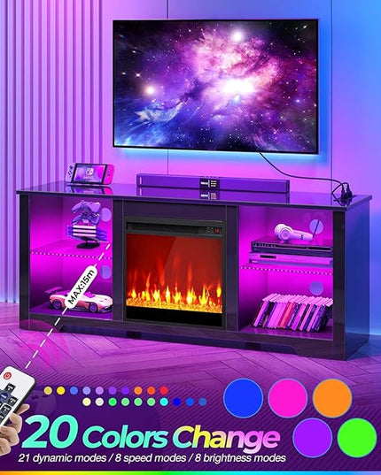 Rolanstar Fireplace TV Stand with Led Lights and Power Outlets, TV Stand for 45/50/55/60/65 inch TVs, Entertainment Center with Electric Fireplace, Modern TV Console with Glass Shelves, Glossy Black - LeafyLoom