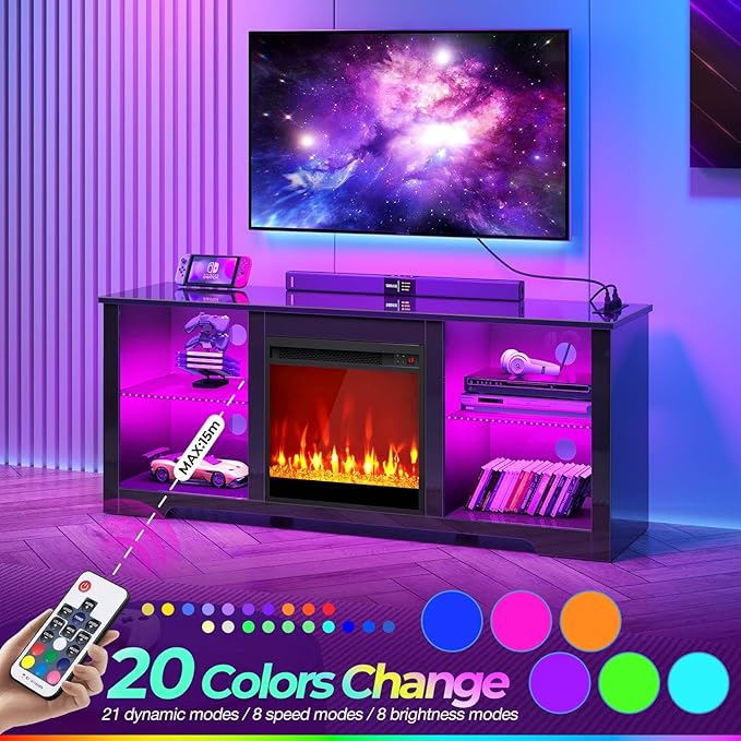Rolanstar Fireplace TV Stand with Led Lights and Power Outlets, TV Stand for 45/50/55/60/65 inch TVs, Entertainment Center with Electric Fireplace, Modern TV Console with Glass Shelves, Glossy Black - LeafyLoom