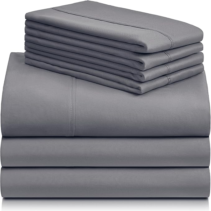 LuxClub 7 PC Split King Sheet Set, Breathable Luxury Bed Sheets, Deep Pockets 18" Eco Friendly Wrinkle Free Cooling Sheets Machine Washable Hotel Bedding Silky Soft - Light Grey Split King - LeafyLoom