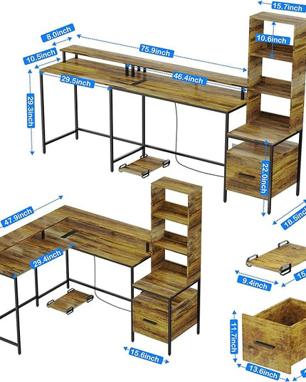 Rustic Brown L Shaped Desk with File Drawers, Computer Desk with Power Outlet and Monitor Shelf, Home Office Desk with Storage Shelves, Gaming Desk with Led Lights - LeafyLoom