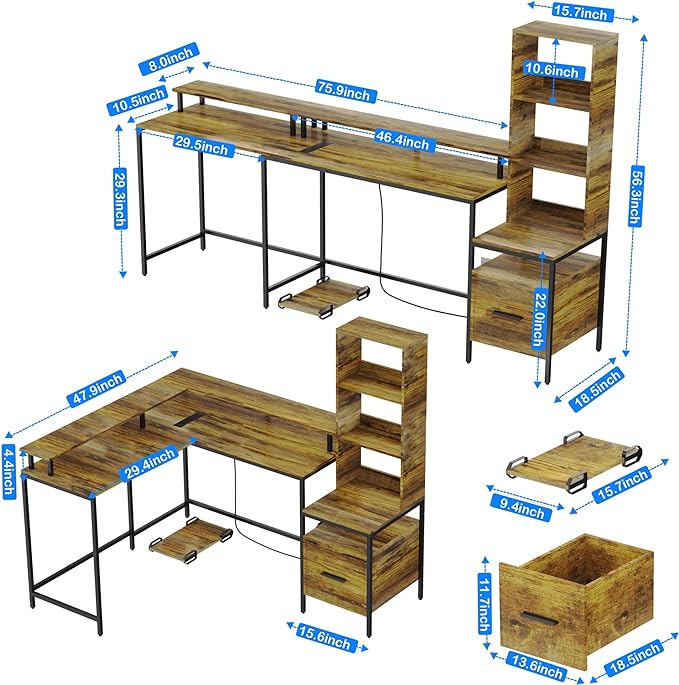 Rustic Brown L Shaped Desk with File Drawers, Computer Desk with Power Outlet and Monitor Shelf, Home Office Desk with Storage Shelves, Gaming Desk with Led Lights - LeafyLoom