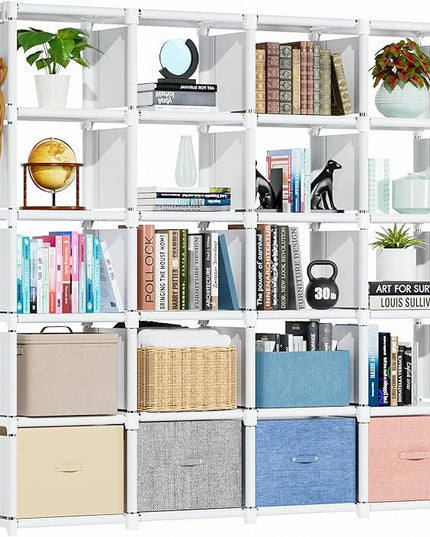 Mavivegue Book Shelf, 20 Cube Storage Organizer, DIY Bookcase, Metal Cube Bookshelf, Tall Book case for Bedroom, Living Room, Office, Closet Storage Organizer, Black Cubicle Storage Rack-White - LeafyLoom