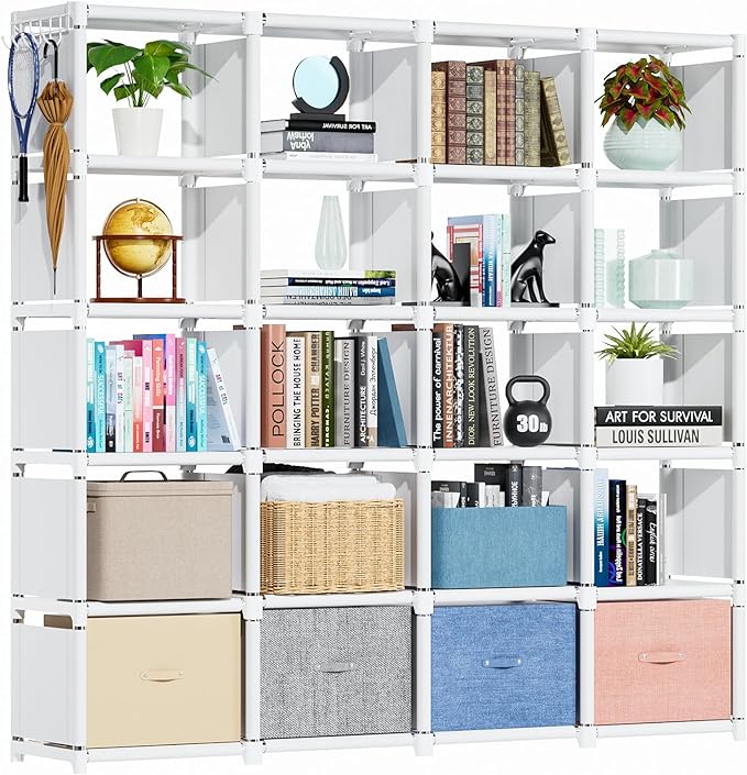 Mavivegue Book Shelf, 20 Cube Storage Organizer, DIY Bookcase, Metal Cube Bookshelf, Tall Book case for Bedroom, Living Room, Office, Closet Storage Organizer, Black Cubicle Storage Rack-White - LeafyLoom