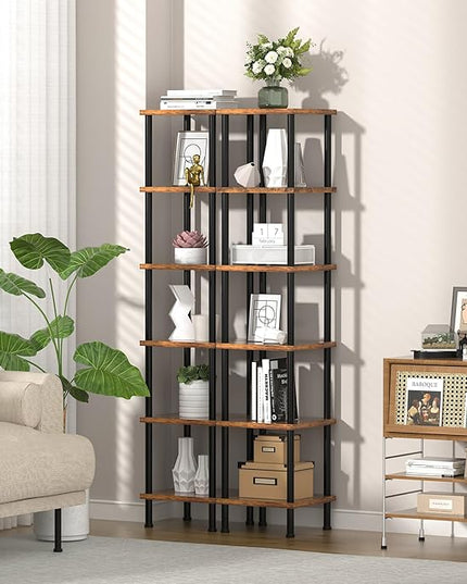 Corner Shelf, Corner Bookcase, Industrial 6-Tier Square Shelf Stand Display Rack,Wall Corner Bookshelf,Tall Shelf Plant Stand for Small Spaces, Living Room, Home Office, Kitchen - LeafyLoom