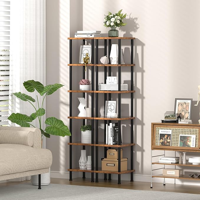 Corner Shelf, Corner Bookcase, Industrial 6-Tier Square Shelf Stand Display Rack,Wall Corner Bookshelf,Tall Shelf Plant Stand for Small Spaces, Living Room, Home Office, Kitchen - LeafyLoom