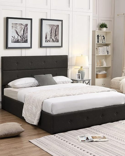 Queen Size Lift Up Storage Bed/Modern Upholstered Platform Bed Frame/Hydraulic Storage/No Box Spring Needed/Wood Slats Support - LeafyLoom