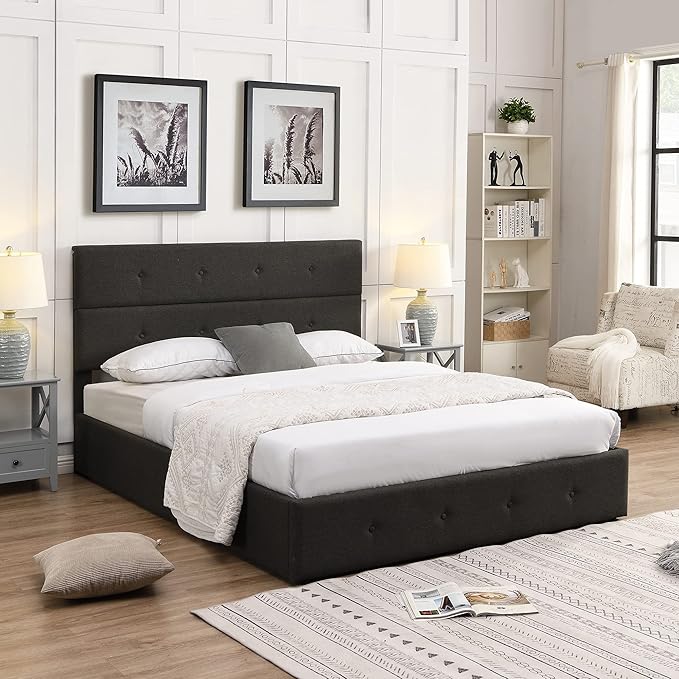 Queen Size Lift Up Storage Bed/Modern Upholstered Platform Bed Frame/Hydraulic Storage/No Box Spring Needed/Wood Slats Support - LeafyLoom