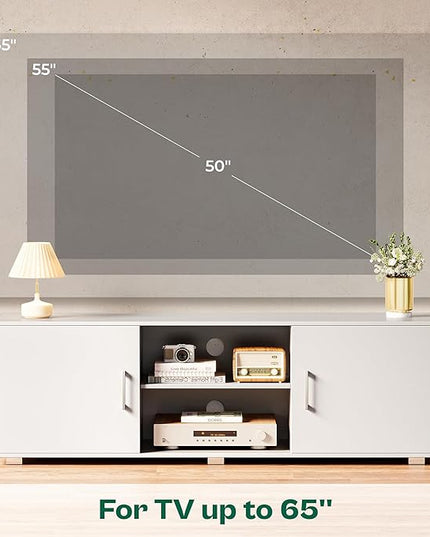 TV Stand for 55 Inch TV, Entertainment Center with Storage, 2 Cabinets, TV Console Media Cabinet with 6 Cable Holes, White TV Stand for Living Room, Bedroom - LeafyLoom