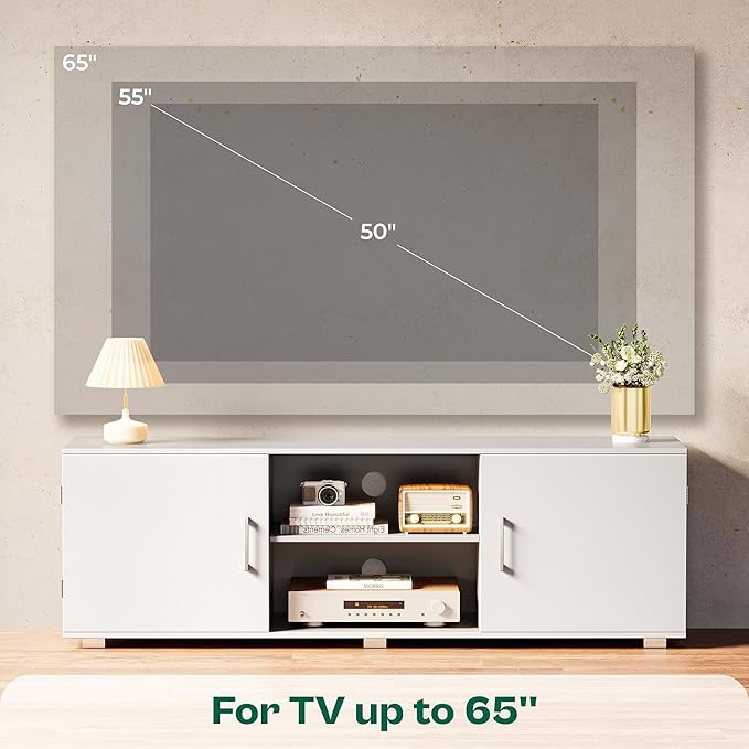 TV Stand for 55 Inch TV, Entertainment Center with Storage, 2 Cabinets, TV Console Media Cabinet with 6 Cable Holes, White TV Stand for Living Room, Bedroom - LeafyLoom