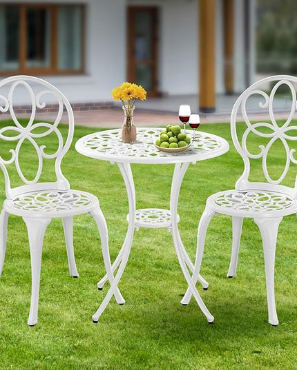 3 Piece Cast Aluminum White Bistro Set Outdoor Bistro Table and Chairs Set of 2,Metal Bistro Patio Table Set with Umbrella Hole,Patio furniture Set for Garden,Front Porch. - LeafyLoom