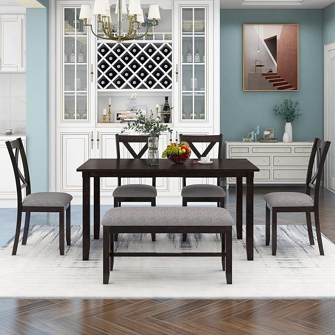 Wooden Rectangular, 4 Fabric Chairs, and Bench Family Furniture, for Playroom, Living Room, Home Bar, and Kitchen, 6 Piece Dining Table Set, Espresso 24 - LeafyLoom