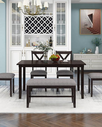 Farmhouse 6-Piece Wood Rectangular Dining Table Set with Bench and 4 Upholstered Chairs for Kitchen, Breakfast Nook, Living Room, Espresso, 60" L x 36" W x 30" H - LeafyLoom