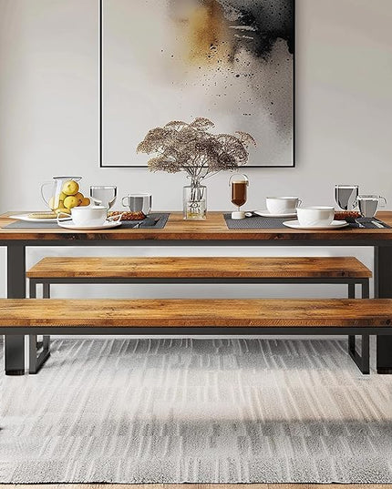 sogesfurniture Kitchen Table Set with 2 Benches, Dining Table Set for 4, 3 Piece Dining Room Set Industrial Style Furniture, Wooden Kitchen and Dining Set, Dining Table with Benches,Vintage Brown - LeafyLoom