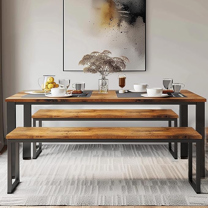 sogesfurniture Kitchen Table Set with 2 Benches, Dining Table Set for 4, 3 Piece Dining Room Set Industrial Style Furniture, Wooden Kitchen and Dining Set, Dining Table with Benches,Vintage Brown - LeafyLoom