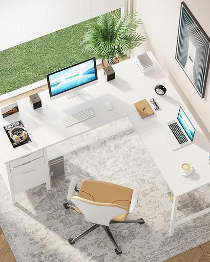 Tribesigns L Shaped Desk with File Drawer Cabinet, 59 Inch Corner Desk L Shaped Computer Desk with Drawers, PC Table Writing Desk for Home Office, White - LeafyLoom