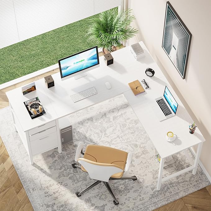 Tribesigns L Shaped Desk with File Drawer Cabinet, 59 Inch Corner Desk L Shaped Computer Desk with Drawers, PC Table Writing Desk for Home Office, White - LeafyLoom