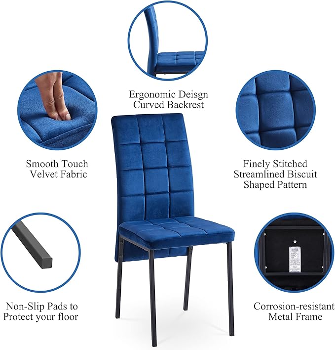 NicBex Velvet Dining Chairs, Upholstered Reception Chairs, High Back Nordic Dining Chair with Metal Legs for Home Kitchen, Living Room, Set of 4, Blue - LeafyLoom