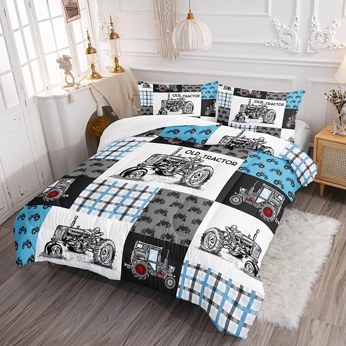 Axolotl Tractor Comforter Set Twin Size,Cartoon Truck Car Comforter Set for Boys,Farm Excavator Bedding Set with Old Tractor for Kids Boys Teens Adult All Season,1 Quilt 2 Pillowcases - LeafyLoom