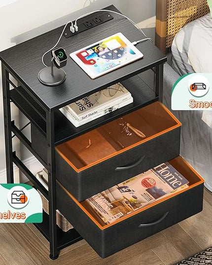 AODK Night Stand with Charging Station, End Table for Bedroom Tall Nightstand with Drawers, Small Nightstand for Bedroom, 4-Tier Storage Bedside Table, Black - LeafyLoom