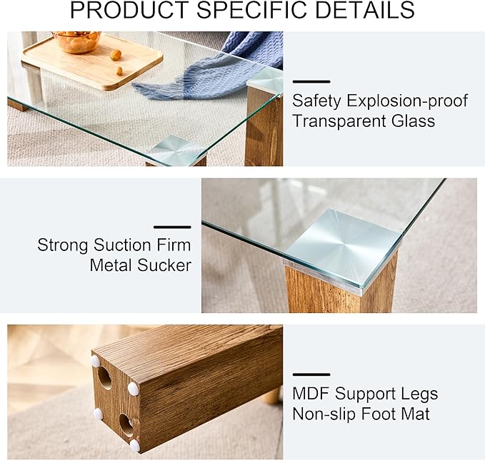 44" Modern Wood and Glass Top Coffee Table Rectangle Tea Table with Wood Leg for Living Room - LeafyLoom