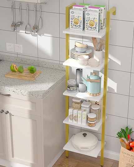 YMYNY 5 Tiers Ladder Bookcase, Industrial Wall Mounted Bookshelf, Open Display Rack with Metal Frame, Wooden Storage Shelves for Bedroom, Home Office, Living Room, White+Gold, 70*17.3*11.8"UHBC015W - LeafyLoom