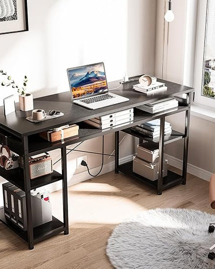 AODK 48 Inch Small Computer Desk with Power Outlets & Type-C, Writing Desk with Storage Shelves Headphone Hook, Student Laptop PC Desks for Small Spaces Home Office, Black - LeafyLoom