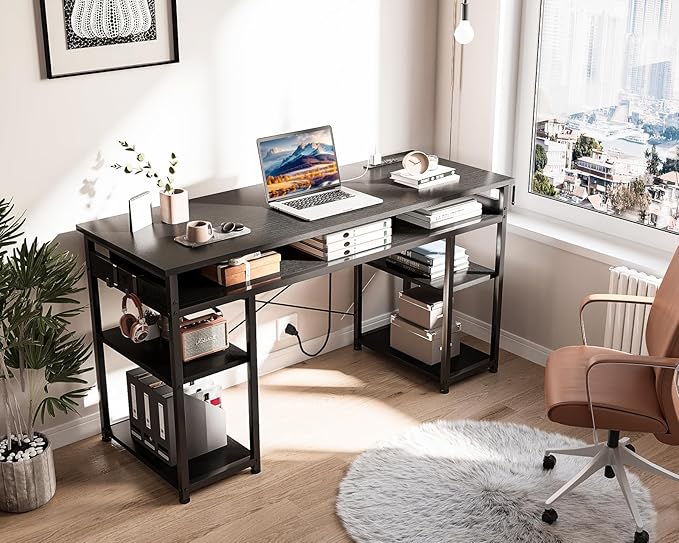 AODK 48 Inch Small Computer Desk with Power Outlets & Type-C, Writing Desk with Storage Shelves Headphone Hook, Student Laptop PC Desks for Small Spaces Home Office, Black - LeafyLoom