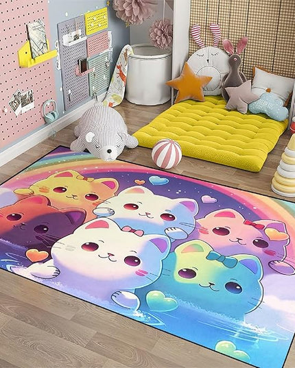 Rainbow Cat Rug for Girls - Colorful Cat Rug for Kids Bedroom Cute Cartoon Cat Pattern Rug Lovely Cat Rugs Room Decor Anime Cat Area Rug, 3x5 Feet - LeafyLoom