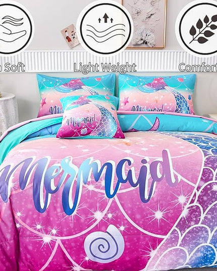RYNGHIPY Kids Girls Comforter Set 6Pcs, Mermaid Bed in a Bag Twin Size, Fish Tail Print Teens Girls Bedding Set, Rainbow Bedding Collections - LeafyLoom