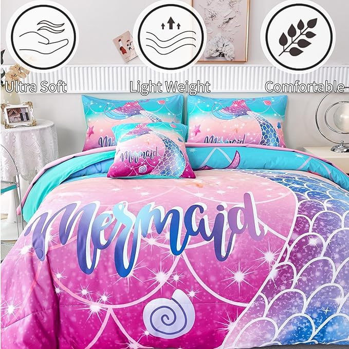 RYNGHIPY Kids Girls Comforter Set 6Pcs, Mermaid Bed in a Bag Twin Size, Fish Tail Print Teens Girls Bedding Set, Rainbow Bedding Collections - LeafyLoom