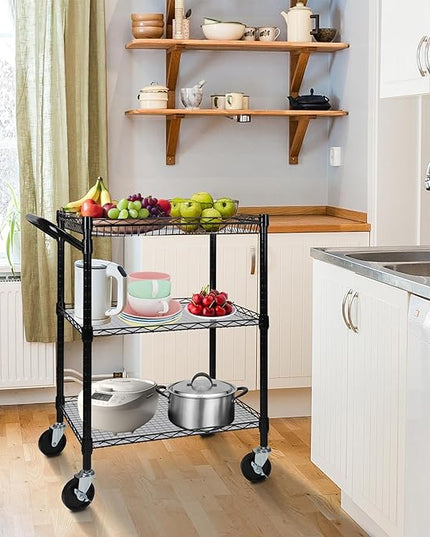 3 Tier Heavy Duty Rolling Utility Cart,18"D x 23.8"W x 36.6"H Rolling Carts with Wheels,Commercial Grade Metal Cart with Handle Bar & Shelf Liner,Trolley Serving Storage Cart for Kitchen Black - LeafyLoom