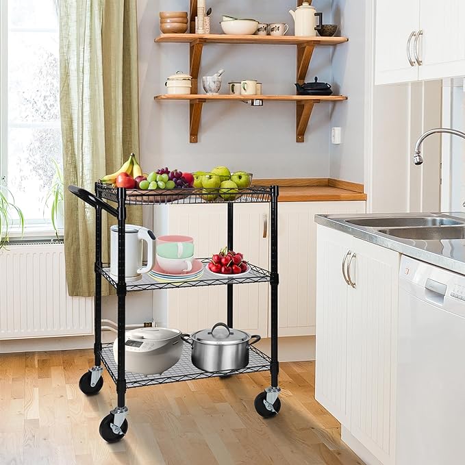 3 Tier Heavy Duty Rolling Utility Cart,18"D x 23.8"W x 36.6"H Rolling Carts with Wheels,Commercial Grade Metal Cart with Handle Bar & Shelf Liner,Trolley Serving Storage Cart for Kitchen Black - LeafyLoom