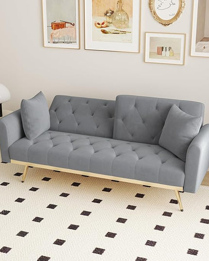Velvet Upholstered Modern Convertible Futon Couch Folding Sofa Bed Recliner Lounge Loveseat Daybed Sofacama with Adjustable Backrest and Golden Legs for Small RV Living Room Office, Gray 68.3" - LeafyLoom