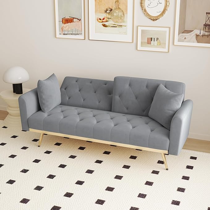 Velvet Upholstered Modern Convertible Futon Couch Folding Sofa Bed Recliner Lounge Loveseat Daybed Sofacama with Adjustable Backrest and Golden Legs for Small RV Living Room Office, Gray 68.3" - LeafyLoom