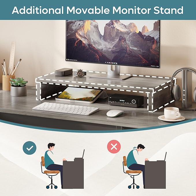 Bestier Lift Top L Shaped Desk with File Drawer, 55'' x 55'' Office Desk with Reversible Storage Drawers, L Shaped Standing Desk with Computer Monitor Stand (Grey Wash, 55'' x 55'') - LeafyLoom