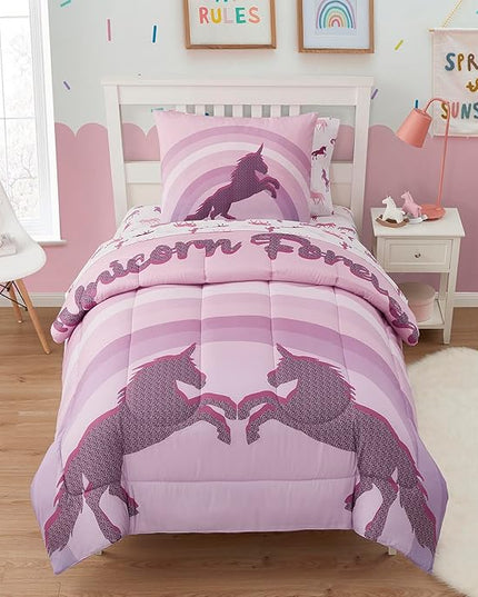 Kids Bedding Set Bed in a Bag for Boys and Girls Toddlers Printed Sheet Set and Comforter, Twin, Unicorn Forever - LeafyLoom
