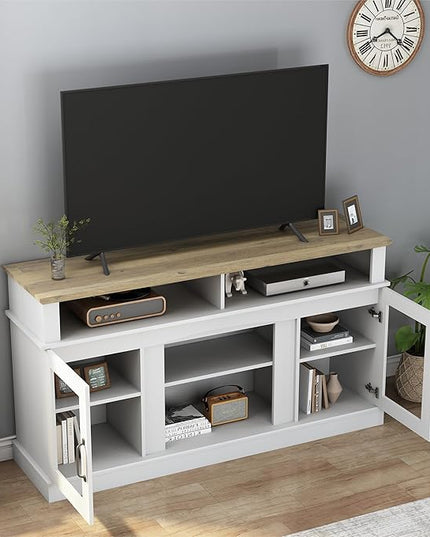 58 Inch TV Stand, Television Stands with 2 Tempered Glass Doors, Storage Cabinet and Shelves, Entertainment Center for Living Room, White+Wood - LeafyLoom