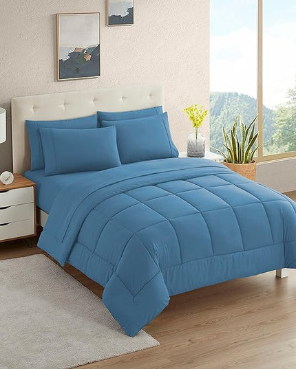 Dorm Room Essentials College Bedding Comforter Set 5 Piece Twin Size Bed in a Bag for College Students Boys and Girls, Twin, Denim Blue - LeafyLoom