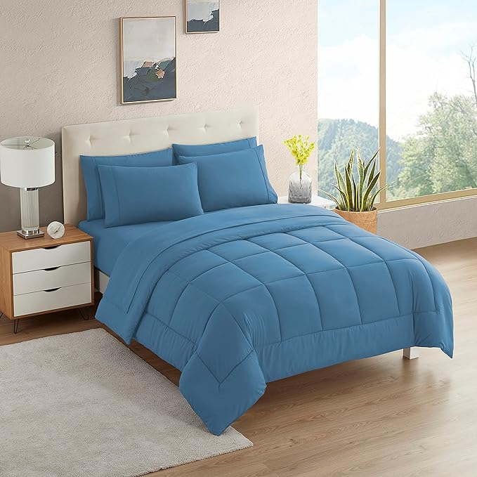 Dorm Room Essentials College Bedding Comforter Set 5 Piece Twin Size Bed in a Bag for College Students Boys and Girls, Twin, Denim Blue - LeafyLoom