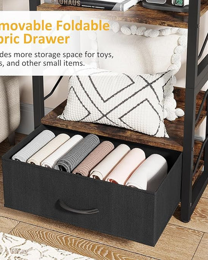 Small Bookshelf with Drawer: 4-Tier Wood Book shelf Industrial Narrow Bookcase Storage Organizer Metal Stackable shelves for Desktop Bedroom Living Room Home Office (Rustic Brown) - LeafyLoom