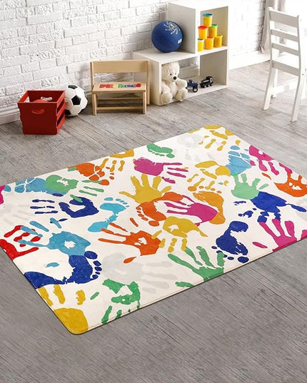 Handprints and Footprints Kids Rug for Playroom, 3'x5' Washable Colorful Nursery Rug for Boys and Girls Room, Ultra Soft Non-Slip Carpet Indoor Mat for Classroom Bedroom - LeafyLoom